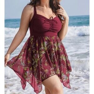 BloomChic One Piece Swim Dress Women's 26 Plus  Burgundy Floral Skirted Ruched